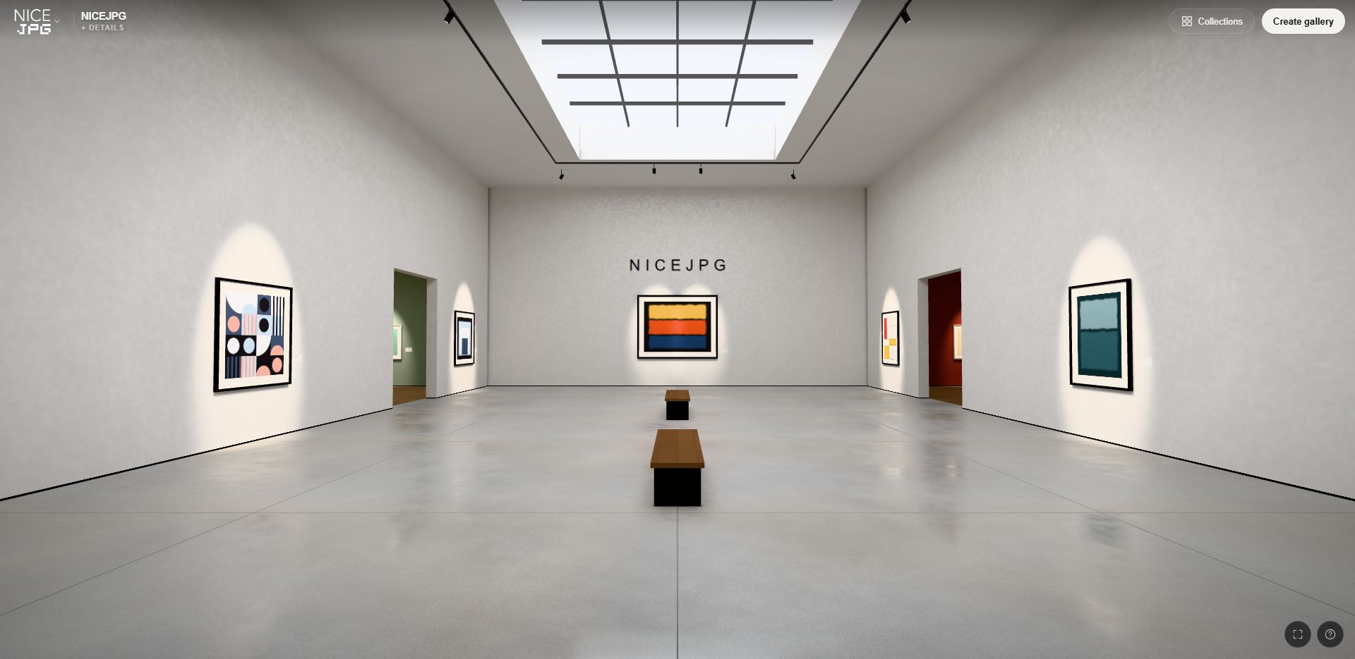 Art displayed in a sunlit Three.js gallery
